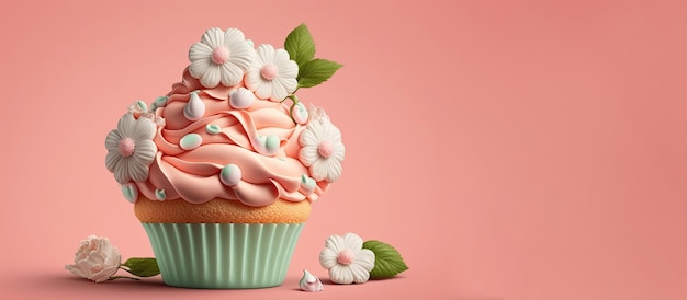 Pastelitos de vacaciones de primavera con flores y chispitas sobre un fondo rosa IA generativa Un lugar para