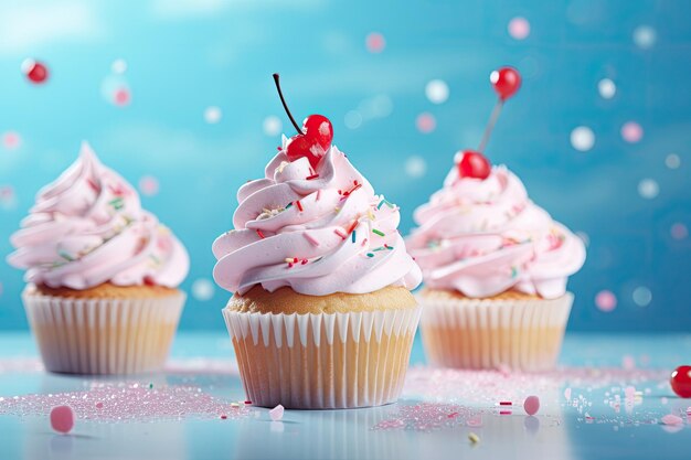 Pastelitos variados con glaseado rosa, blanco y azul volando sobre un fondo azul perfecto para fiesta o bi