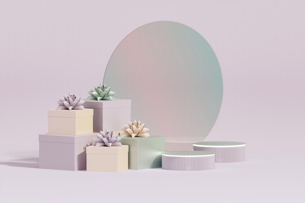 Pastell-Geschenkboxen mit grünem Band, Lichtballons, Glasbogen, runder realistischer Bühnen-3D-Render