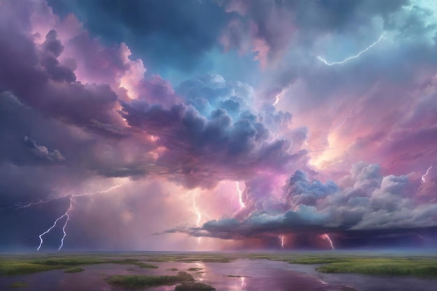 Pastell-Gewitter-Himmel, Fantasy-Gewitter-Himmel-Hintergrund, verträumtes Pastell-Gewitter, KI-generativ