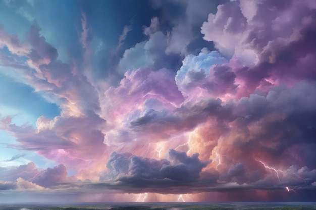 Pastell-Gewitter-Himmel, Fantasy-Gewitter-Himmel-Hintergrund, verträumtes Pastell-Gewitter, KI-generativ