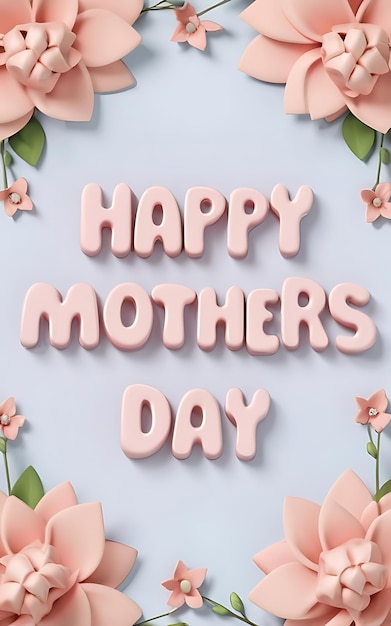 Pastellästhetische florale Happy Mothers Day 3D-Rendering-Typografie-Illustration