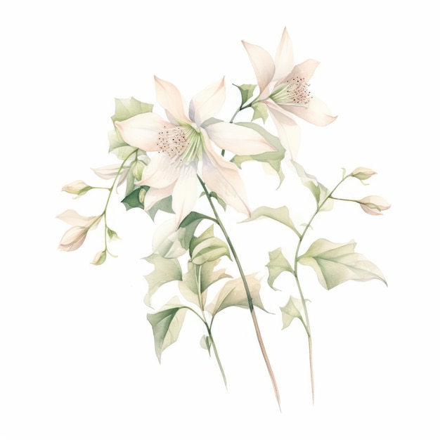 Pastellbeige Columbine Eukalyptus Aquarell-Illustration auf weißem Hintergrund