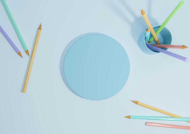 Pastellblau 3D Back to School Produktdisplay Podestständer flach liegend, Draufsicht Bleistifttisch
