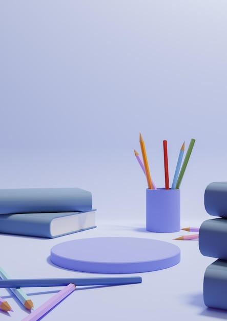 Pastellblau Back to School-Produktdisplay, eine Podestständerseite, Bleistifte, Bücher auf Tischfotografie