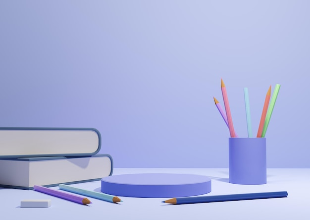Pastellblaue 3D-Illustration zurück zur Schulproduktanzeige Podium steht seitlich mit Bleistiften Büchern