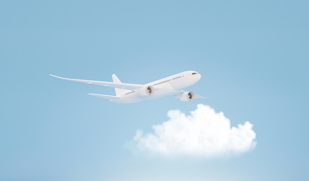 Pastellblaues Flugzeug, das in den Himmel fliegt Flugzeug abheben und pastellfarbener Hintergrund 3D-Rendering