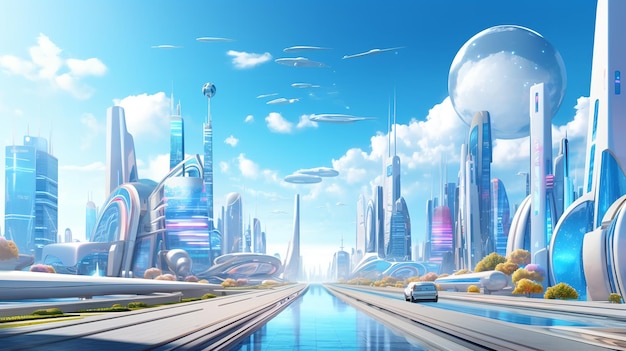 Pastellfarbene Animation im Cartoon-Stil, die eine zukünftige Stadt darstellt. Generative KI.