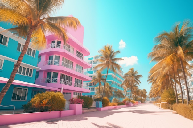Pastellfarbene Gebäude und schwankende Palmen säumen einen sonnendeckten Boulevard, der das ikonische Miami hervorruft.