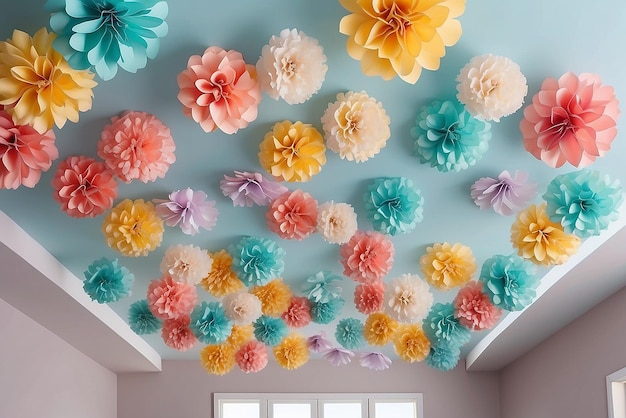 Pastellfarbene Papierblumen hängen an der Decke