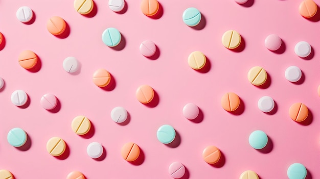 Pastellfarbene Pillen, die in einem Muster auf einem pastellrosa Hintergrund angeordnet sind, das Konzept des medizinischen Antibiotika.