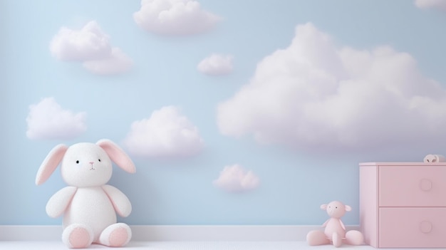 Foto pastellfarbener baby-hintergrund in weichen hellblauen und rosa farben mit kaninchenhase