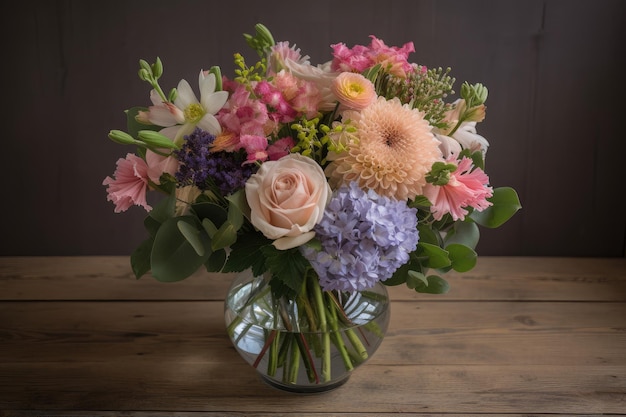 Pastellfarbener Blumenstrauß, arrangiert in einer klassischen Vase, erstellt mit generativer KI