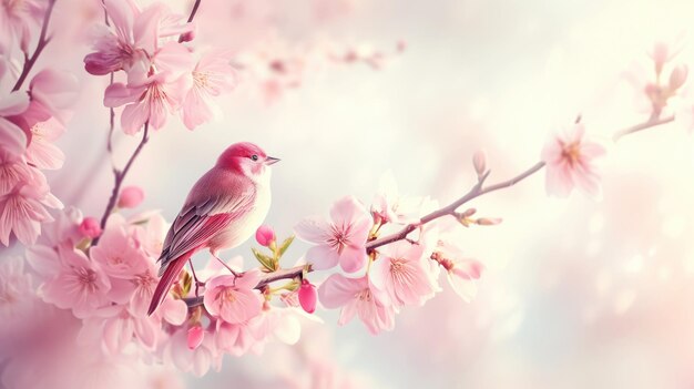 Pastellfarbener Frühlingshintergrund mit rosa Blüten, Kirschblüten und rotem Vogel