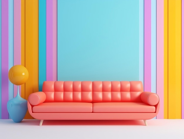 Pastellfarbener, mehrfarbiger, lebendiger, retro-gestreifter Hintergrund-Wandrahmen mit Sofa-Inneneinrichtung