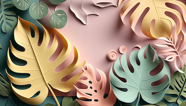 Pastellfarbener Monstera-Blattrand im Papierhandwerksstil. Generative KI