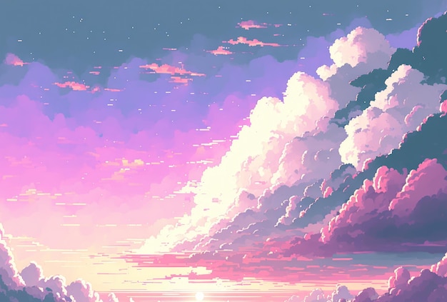 Pastellfarbener, süßer, blauer, rosafarbener Himmel im Pixel-Art-Stil mit Kopierraum