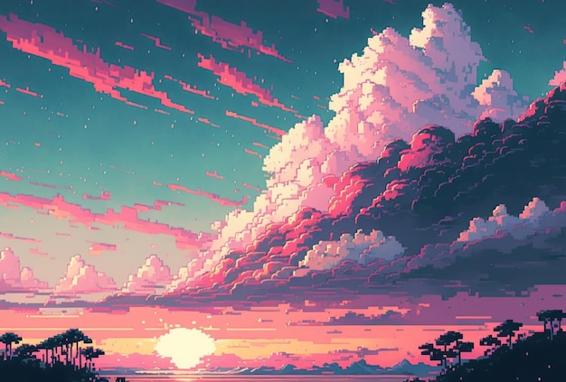 Pastellfarbener, süßer, blauer, rosafarbener Himmel im Pixel-Art-Stil mit Kopierraum