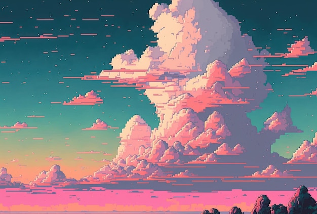 Pastellfarbener, süßer, blauer, rosafarbener Himmel im Pixel-Art-Stil mit Kopierraum