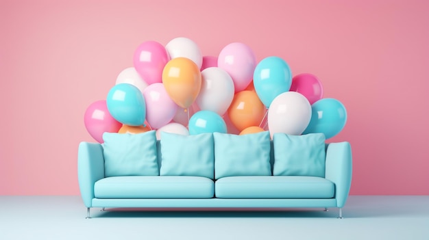 Pastellfarbenes Innenzimmer mit pastellfarbenen Ballons und einem Sofa Geburtstagsfeier