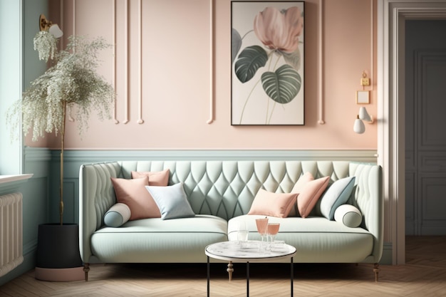 Pastellgrünes Retro-Sofa mit Kissen und Blumenmalerei, die mit generativer KI-Technologie erstellt wurden