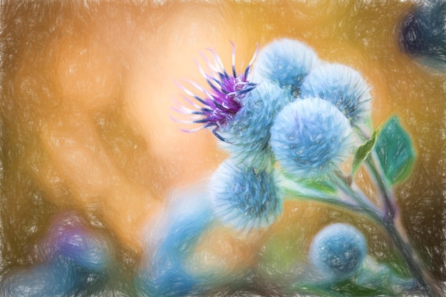 Pastellmalerei-Blume, die große Klette blüht