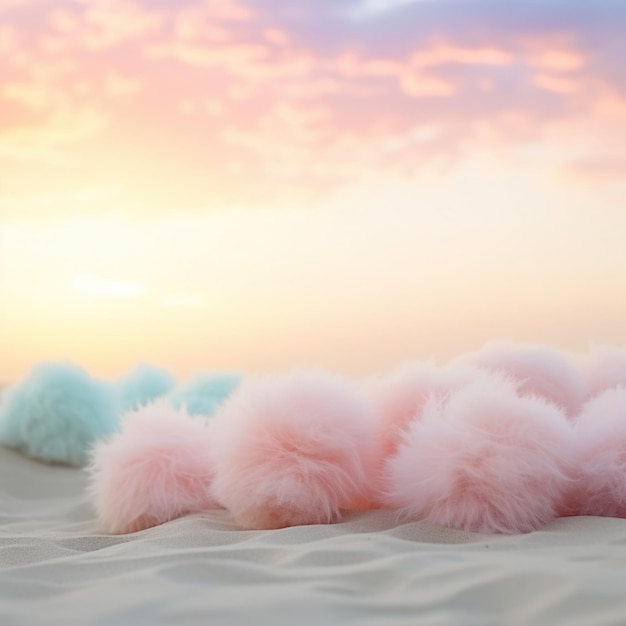 Pastellrosa und blaue Pelzbälle auf Sand mit Sonnenuntergang