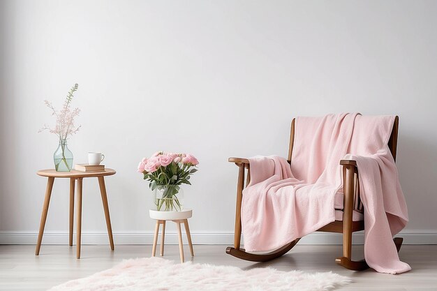 Pastellrose Decke und Kissen auf einem weißen Schaukelstuhl in einem anspruchsvollen Raum mit Nachttisch und Flo