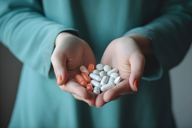 Pastillas antidepresivas en las manos de una mujer generada por la IA