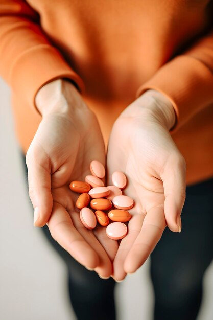 Pastillas antidepresivas en las manos de una mujer generada por la IA