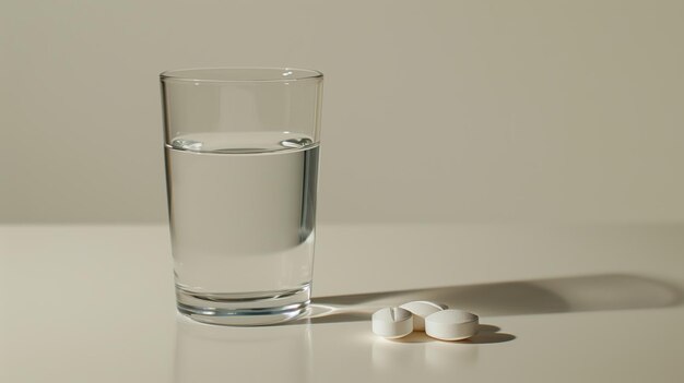 Pastillas blancas y vaso de agua en superficie beige