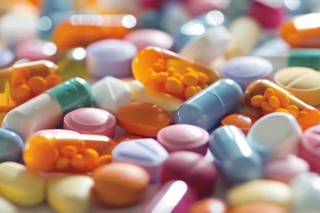 Foto pastillas y cápsulas de cerca con una profundidad de campo temática de atención médica y medicamentos