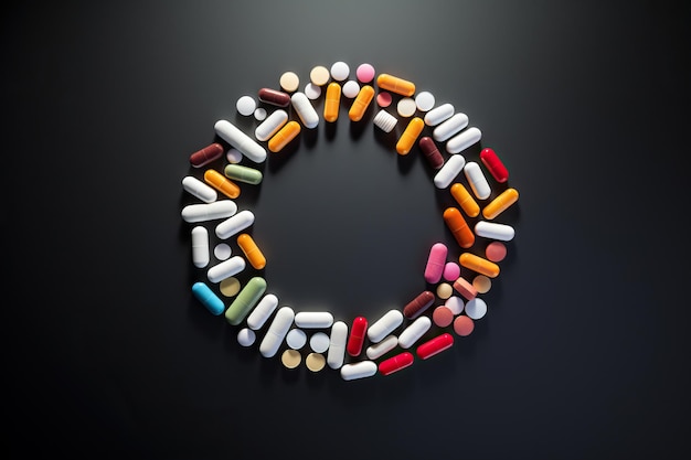 Pastillas coloridas sobre fondo negro Concepto de medicina y atención médica