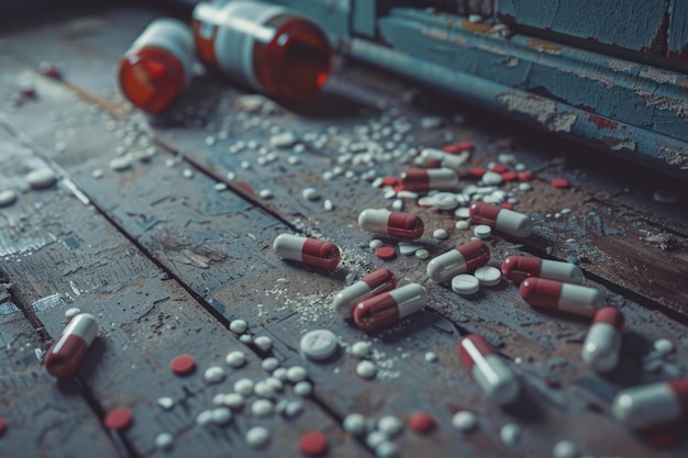Las pastillas de drogas están cortadas y esparcidas por el suelo.