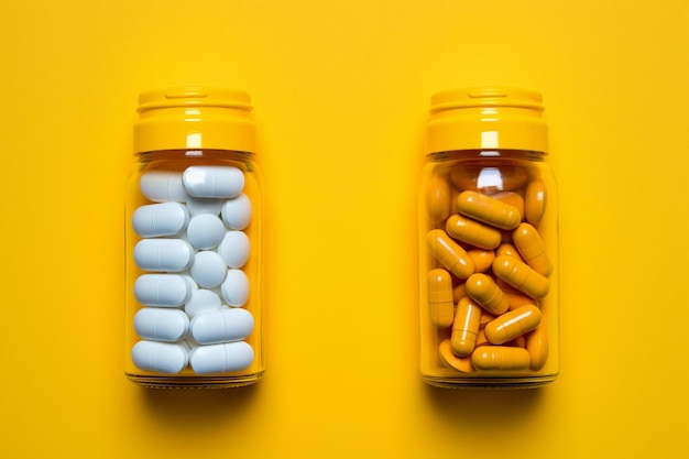 Pastillas y frascos de medicamentos sobre un fondo amarillo