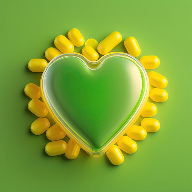Pastillas médicas amarillas en forma de corazón caídas de un frasco de vidrio sobre fondo verde con espacio para copiar