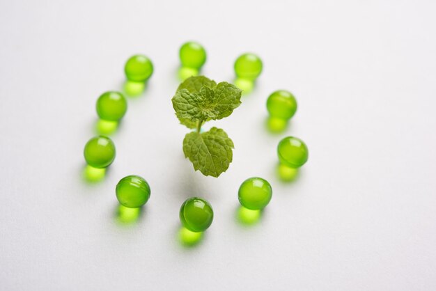 Foto pastillas de pudina o menta con hojas frescas. es una medicina ayurvédica para la indigestión, los gases y la acidez.