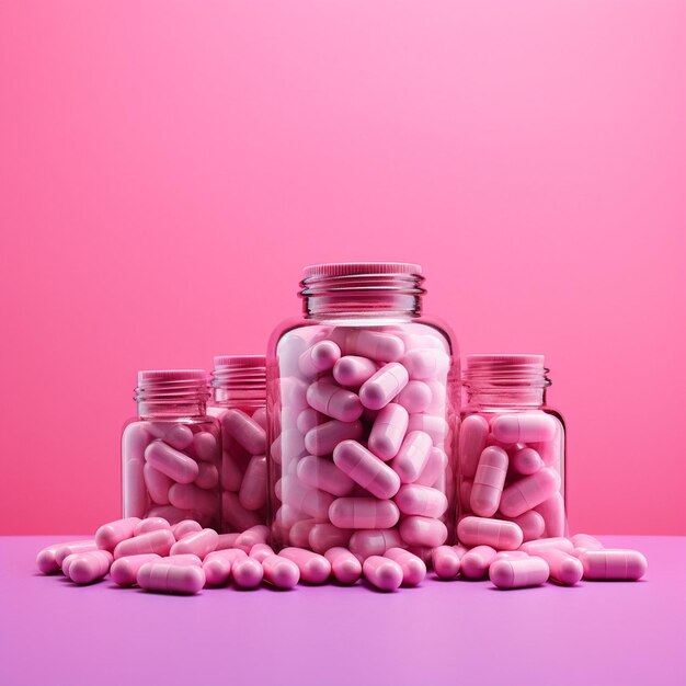 Foto pastillas rosadas rodeadas de un frasco cerrado con placebo sobre un fondo rosado