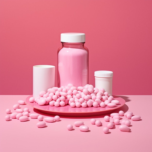 Foto pastillas rosadas rodeadas de un frasco cerrado con placebo sobre un fondo rosado