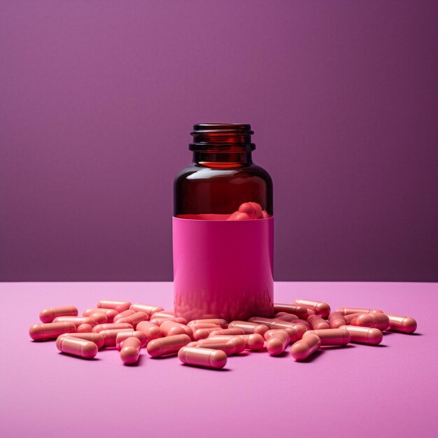 Pastillas rosadas rodeadas de un frasco cerrado con placebo sobre un fondo rosado
