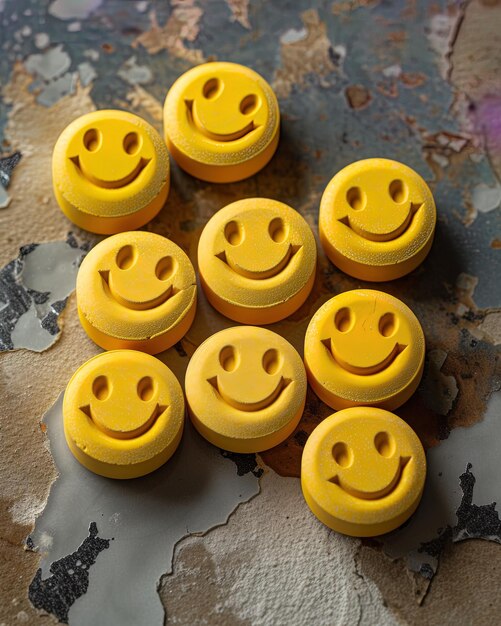 Foto las pastillas son de color amarillo, con cara sonriente, en círculo, en una mesa de madera rústica.