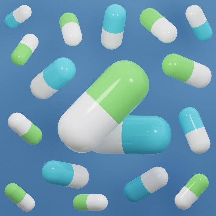 Pastillas para el tratamiento de pacientes en tonos azules y verdes renderización 3D