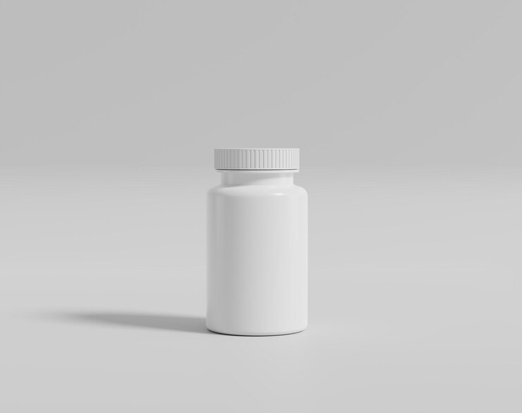 Pastillero blanco, recipiente de plástico redondo, representación 3d, ilustración 3d