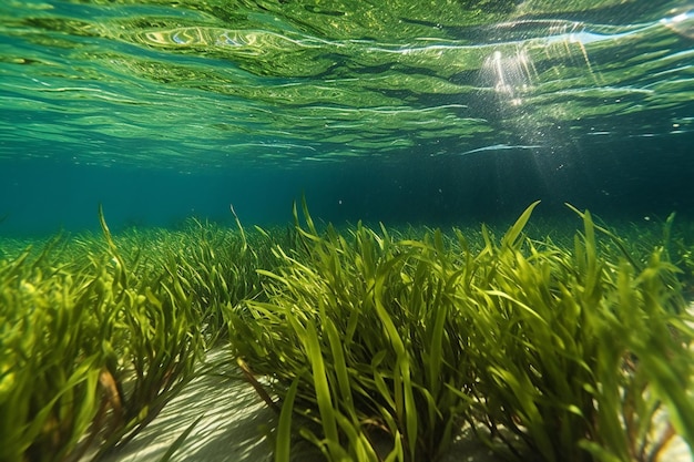 Un pasto marino verde está bajo el agua con el sol brillando a través de él.