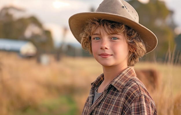 En un pasto rural se encuentra un niño adolescente de la granja con un sombrero de akubra