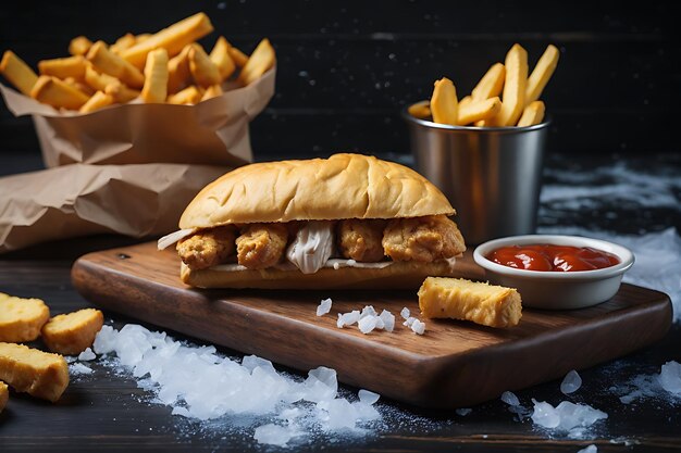 Pastöses Sandwich und Chicken Nuggets auf braunem Holzbrett, Pommes Frites auf dunkler Eisoberfläche