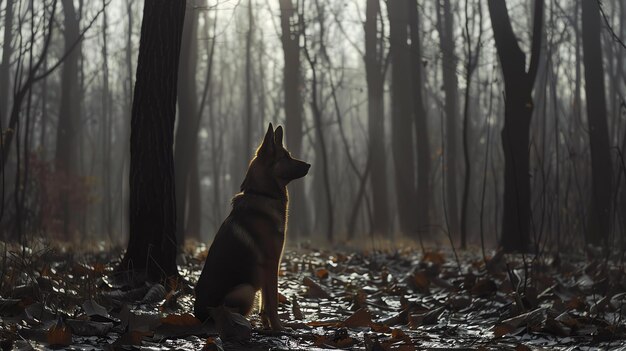 Un pastor alemán solitario se sienta en medio de un bosque oscuro el perro está mirando en la distancia sus ojos llenos de tristeza