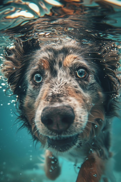 El pastor australiano nada bajo el agua con la mirada