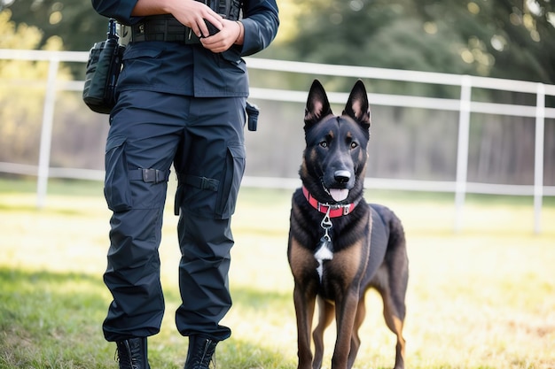 Pastor Belga Malinois guardando a fronteira com um guarda de fronteira Generative AI