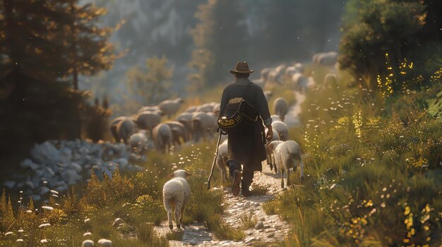 Un pastor camina con su rebaño de ovejas por un camino rocoso en las montañas el sol brilla a través de los árboles y proyecta sombras en el suelo